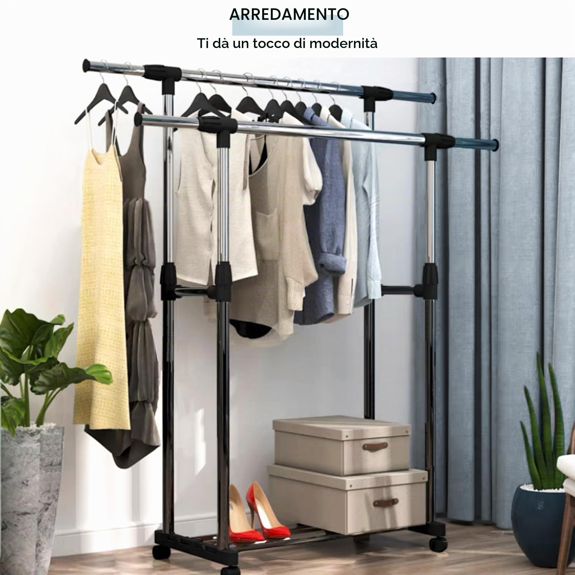 MAGIC SELECT Appendiabiti Doppio. Appendiabiti da Terra, Allungabile con Ruote, 2 Barre Superiori e Ripiani Inferiori. Appendiabiti Resistente, con Altezza Regolabile. Perfetto per Casa, Corridoio.