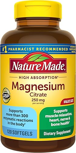 Nature Made Magnesium Citrate 250 mg per serving, Magnesium Supplements for Men and Women, Support for Muscle, Nerve, Bone and Heart, 120 Softgels, 60 Day Supply