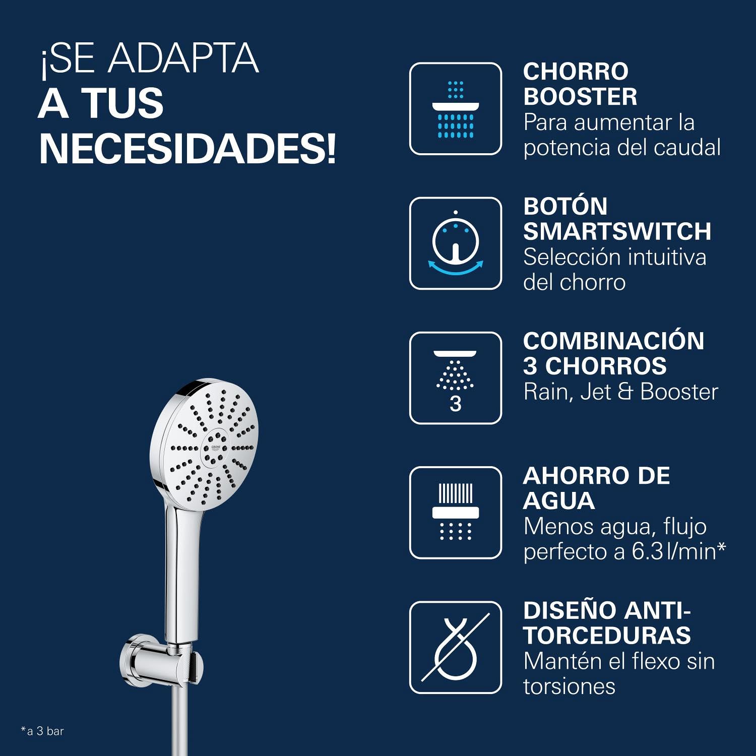 Set Alcachofa de Ducha y Soporte Pared GROHE Vitalio Joy+ 120 (Ø120mm, 3 chorros, ahorro 6,3 l/min, antiquemaduras, manguera de ducha 1,5m), Cromo, 1348650000