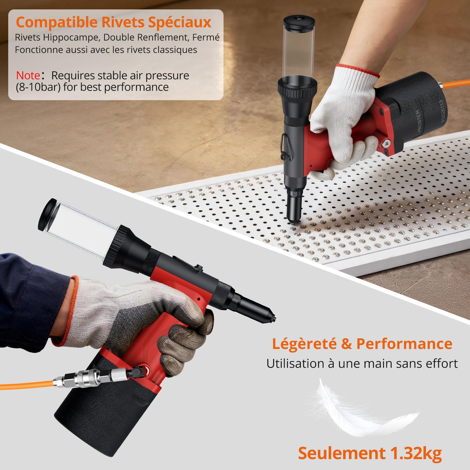 Proster Riveteuse Pneumatique 2040KGF Professionnel - Pistolet à Rivets Léger avec 4 Buses (2,4/3,2/4,0/4,8 mm) pour Rivets Fermés/Doubles/Hippocampe - Outil Rivetage Ateliers, Garages, Bateaux | Pistolet à Rivets Professionnel, Compatible Rivets Fermés,