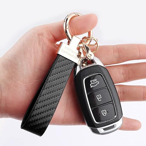 Miniatura 5 de Turcee Llavero de fibra de carbono para automóvil, accesorios para interiores de automóviles, llaveros de cuero y anillo en D antipérdida (negro)