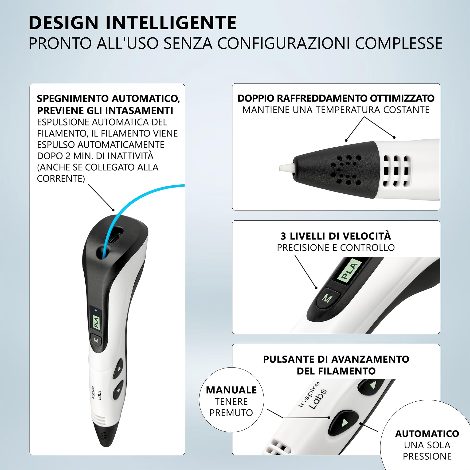 Penna 3D Inspire Labs, Creatività e Divertimento per Bambini e Adulti con Spegnimento Sicuro, Base in Silicone, Modalità Automatica/Manuale, 100 M Filamento PLA (20 Colori) + Guida in Italiana
