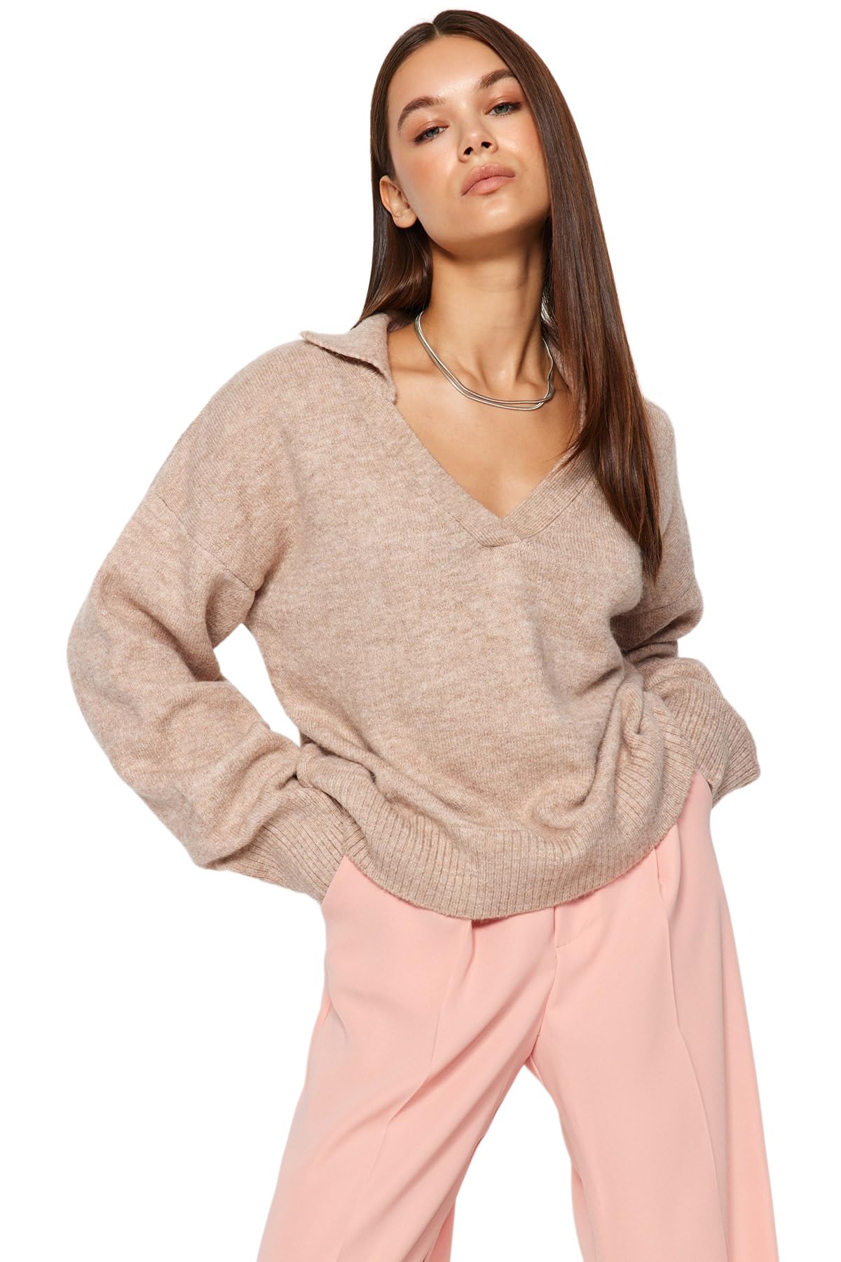 Trendyol Damen Regular fit Basic Polo Neck Knitwear Sweater Pullover, Brown, S