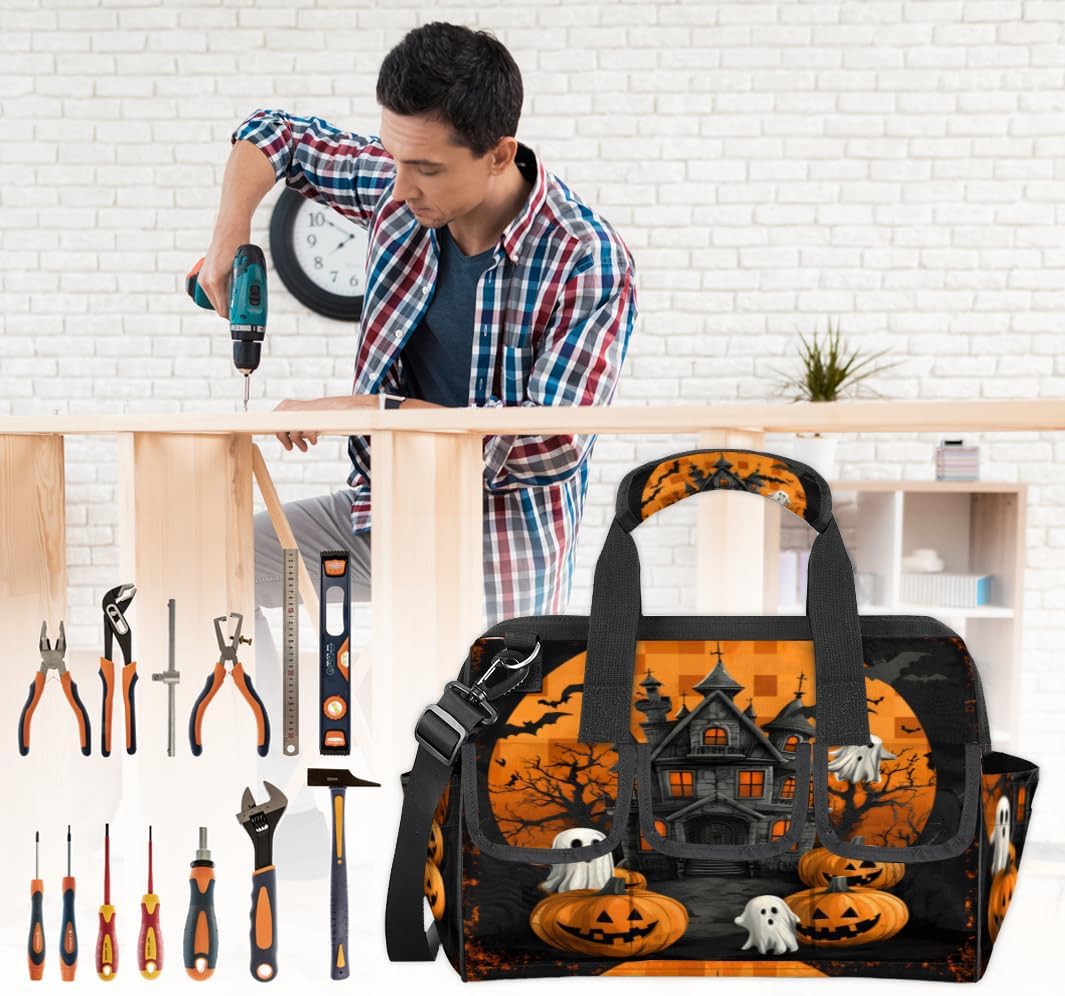Halloween Heavy Duty Tool Bag 14.8 Inch Haunted House Portable Soft Tool Box Organizer Storage with Adjustable Shoulder Strap