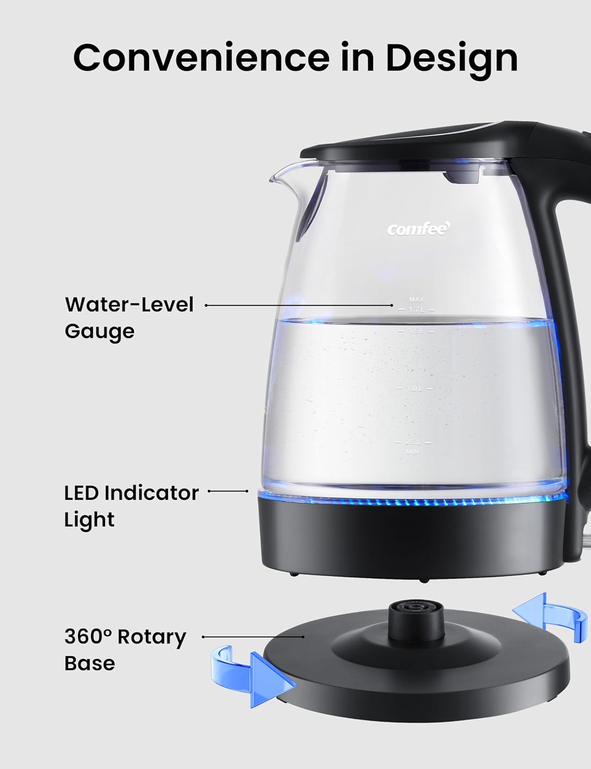 COMFEE' Stainless Steel Electric Kettle, 1.7 Liter Tea Kettle Electric & Hot Water Kettle, 1500W Fast Boil with LED Light, Auto Shut-Off and Boil-Dry Protection, view 10