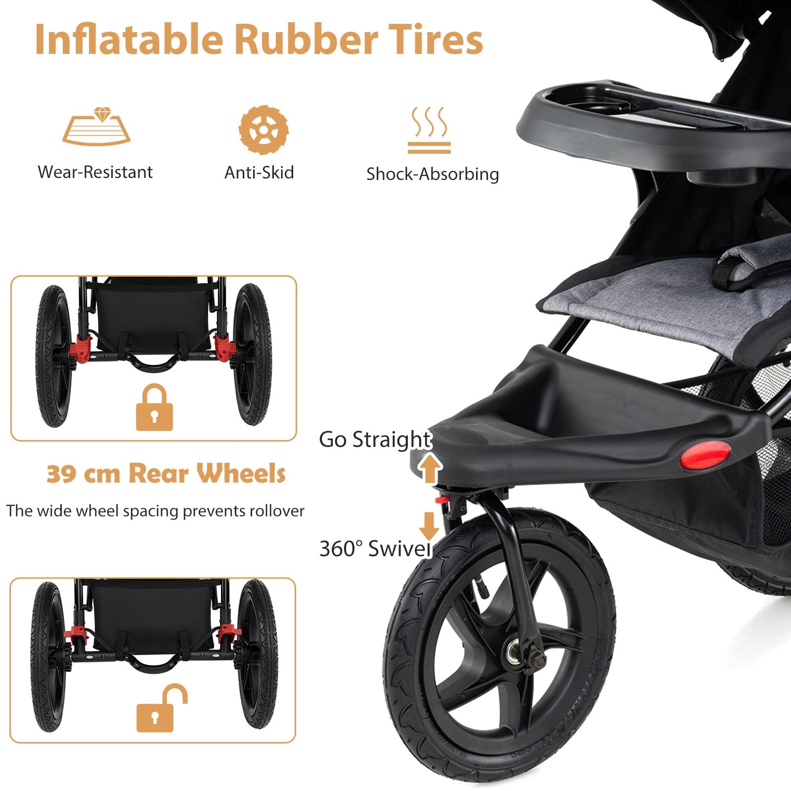 LIFEZEAL Kinderwagen klappbar, Kinderbuggy mit 3 Rädern, verstellbarem Sonnenschutz & 5-Punkt-Gurt, Buggy mit abnehmbarem Tablett & Getränkehalter, bis 22 kg, Schwarz