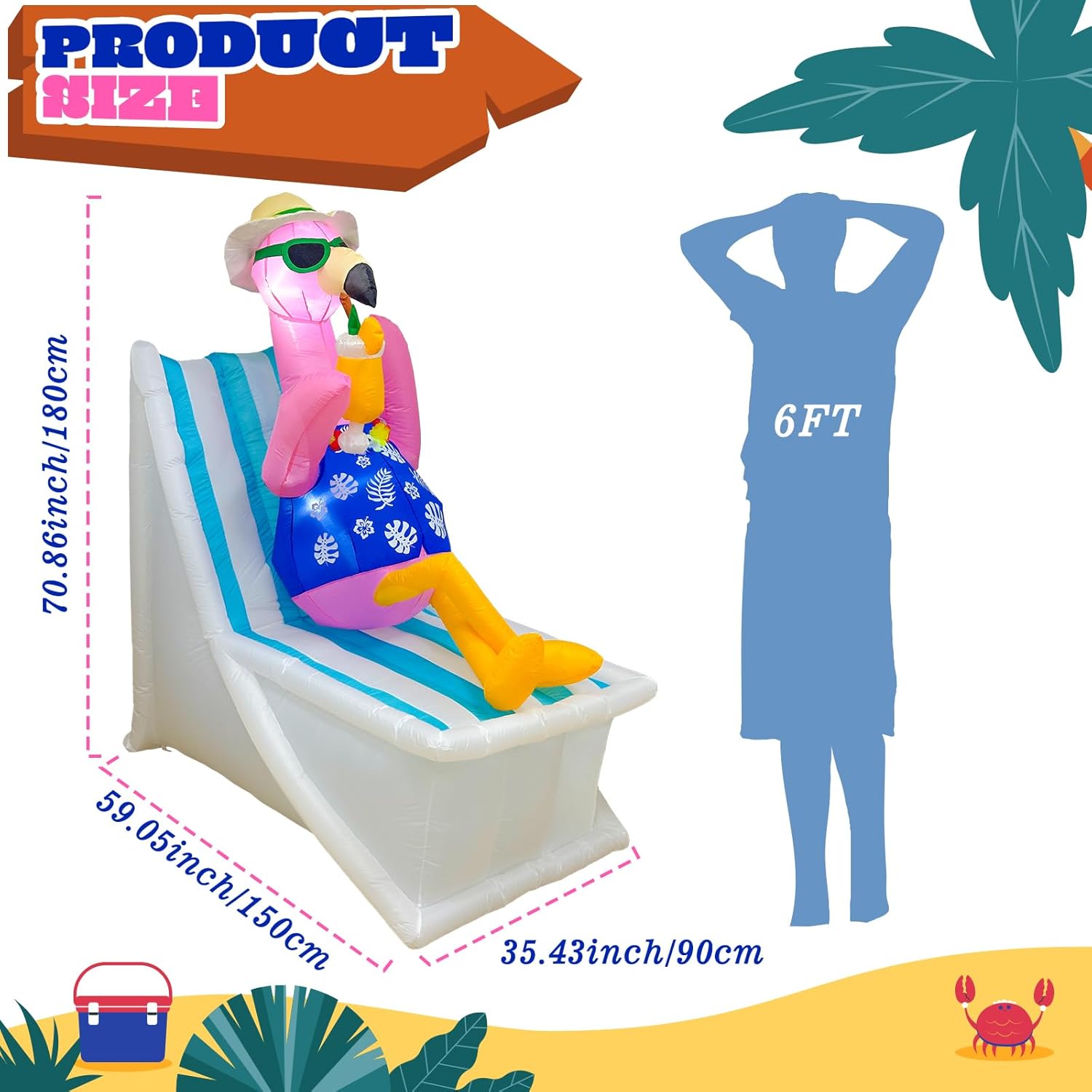 OurWarm 6 FT Inflatable Flamingo Outdoor Decor, Pink Blow Up Flamingo Yard Decor Summer Hawaiian Luau Party Decorations, Summer Inflatables for Yard Tropical Pool Beach Aloha Party Supplies