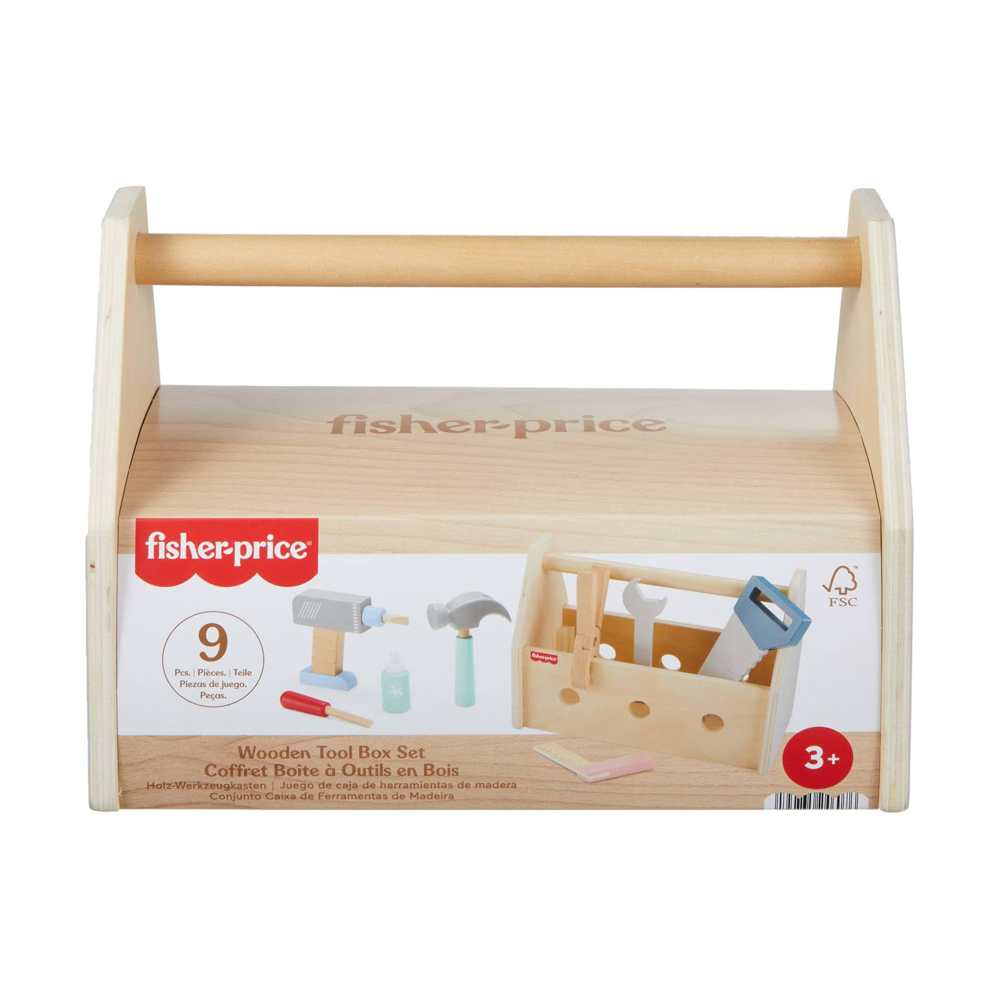 Fisher-Price - Set Attrezzi da Lavoro in Legno, Include 9 Strumenti tra Cui Vari Utensili e la Cassetta per riportli, per Il Gioco Creativo da Costruire, Giocattolo per Bambini, 3+ Anni, HYG50
