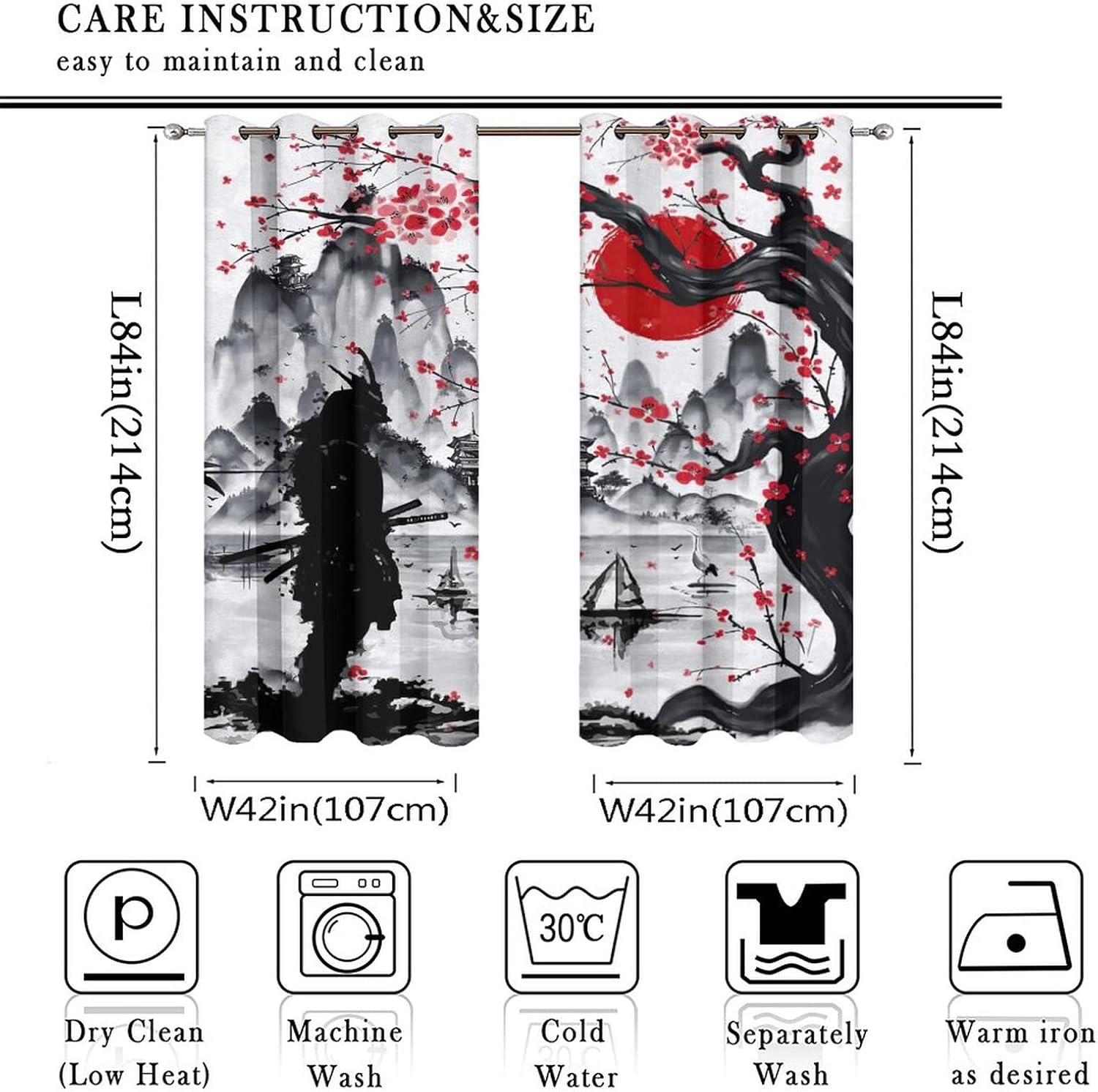 Retro Japanese Ultra Soft Premier Blackout Curtains,Watercolor Ink Samurai Red Sun Mountain Cherry BlossomsThermal Insulated Bedroom Noise Reducing Patio Door Grommet Top,2 Panels 84L x 42W