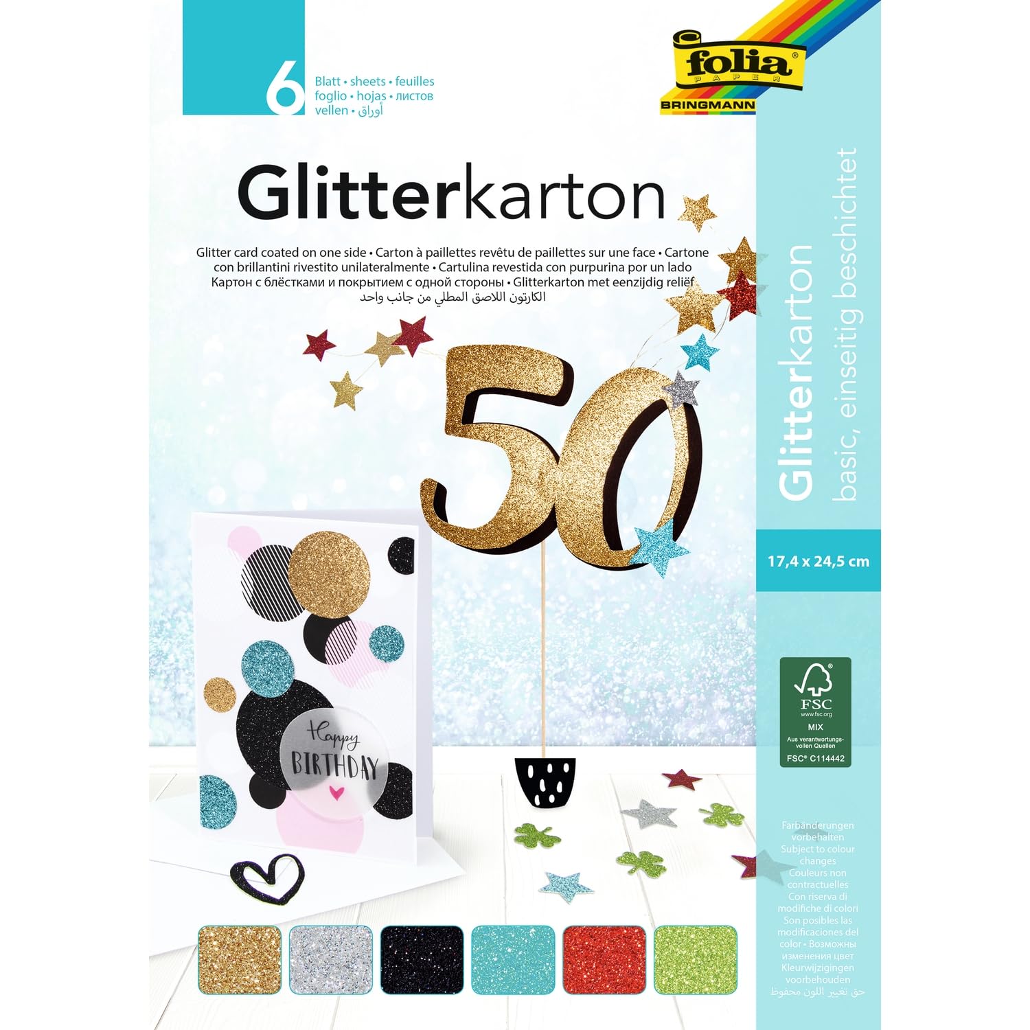 folia 85139 Glitter Card Pad Basic 300 g/m² 6 Sheets Approx. 17.4 x 24.5 cm