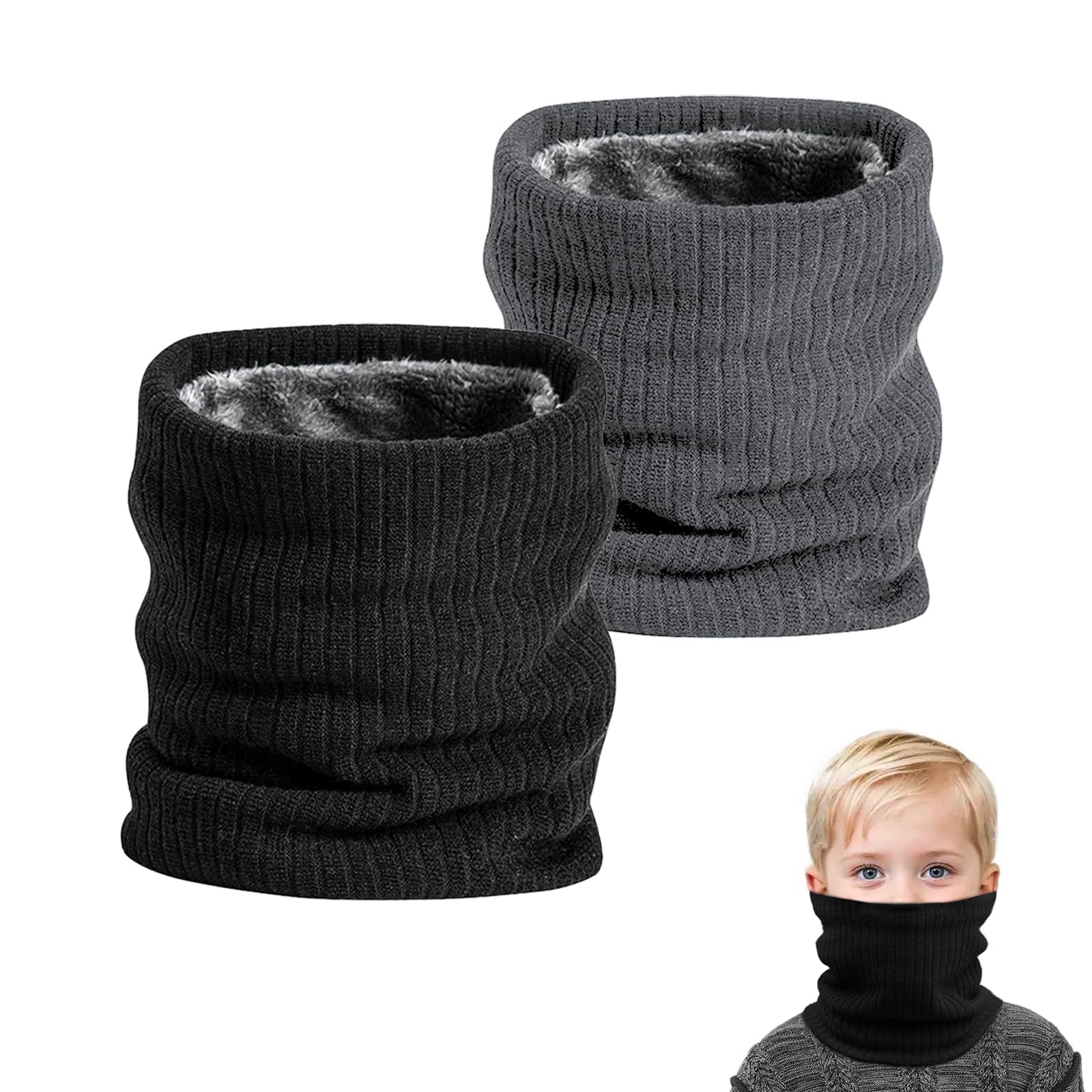 SEFIRST 2 Pcs Winter Neck Warmer Fleece Snoods, Scarf Thicken Windproof and Dust Skiing Knitted for kids Boys Girls, Thermal Snood Neck Gaiters for Cycling Outdoor Sports Skiing (Black, Grey) ﻿