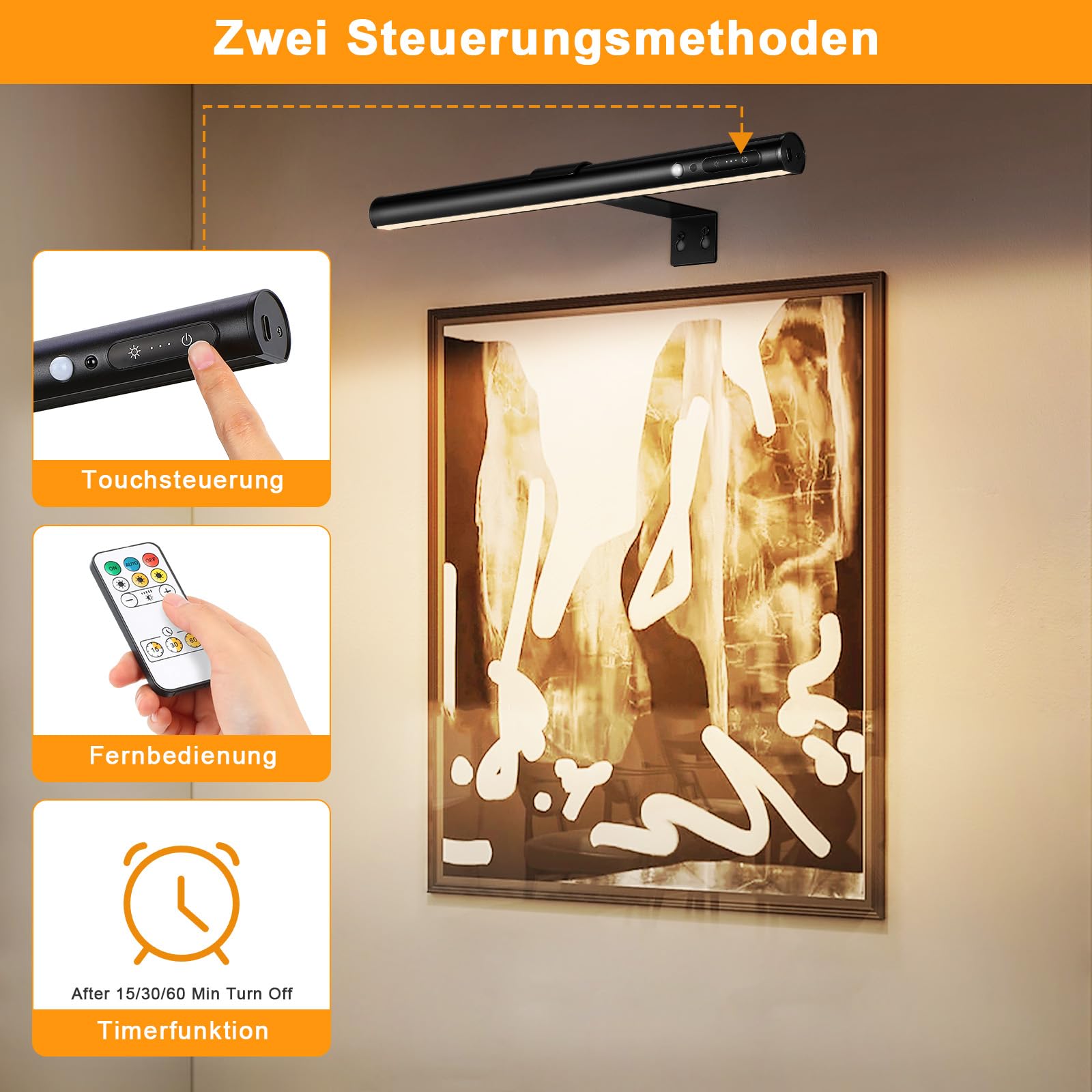 ENCOFT Lampe Murale Sans Fil,5000mAh Applique Murale LED Sans Fil à Télécommande, Lumiere Rechargeable USB, Magnétique Eclairage pour Tableaux, Salle de Bain, Miroir, Vitrines, Intérieure Noir