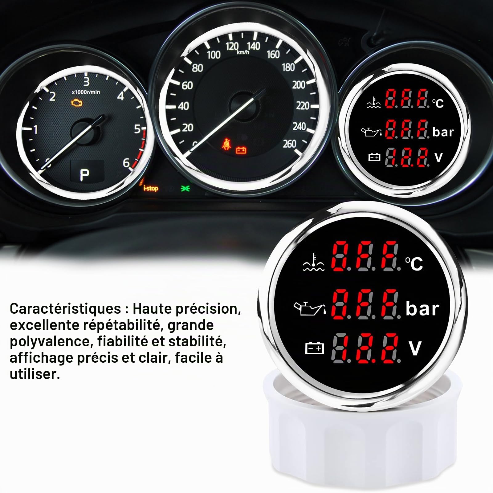Geloo Jauges Triple universelles 52mm Jauge 3-en-1 voiture bateau liquide de refroidissement température de l'eau pression d'huile jauge de niveau de carburant avec alarme pour voiture Marine Yacht