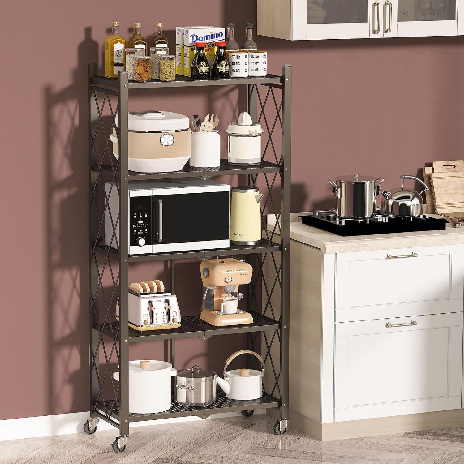Étagère de Rangement Pliable à 5 étages, Cadre métallique Solide avec roulettes, Facile à Installer, Meuble de Rangement pour Garage, Salon, Chambre à Coucher, Cuisine, 71x34x159cm, Noir