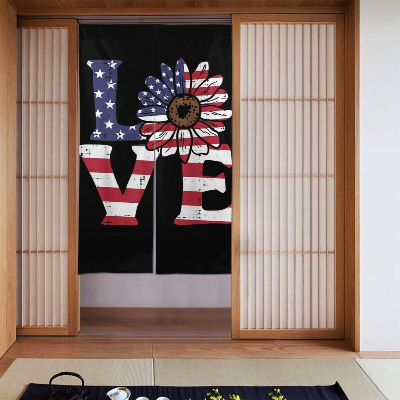 Lukiyys Love Sunflower American Flag Patriot 4th July Door Curtains,Doorways Curtains for Windows,Bedroom Divider 34"X 56"