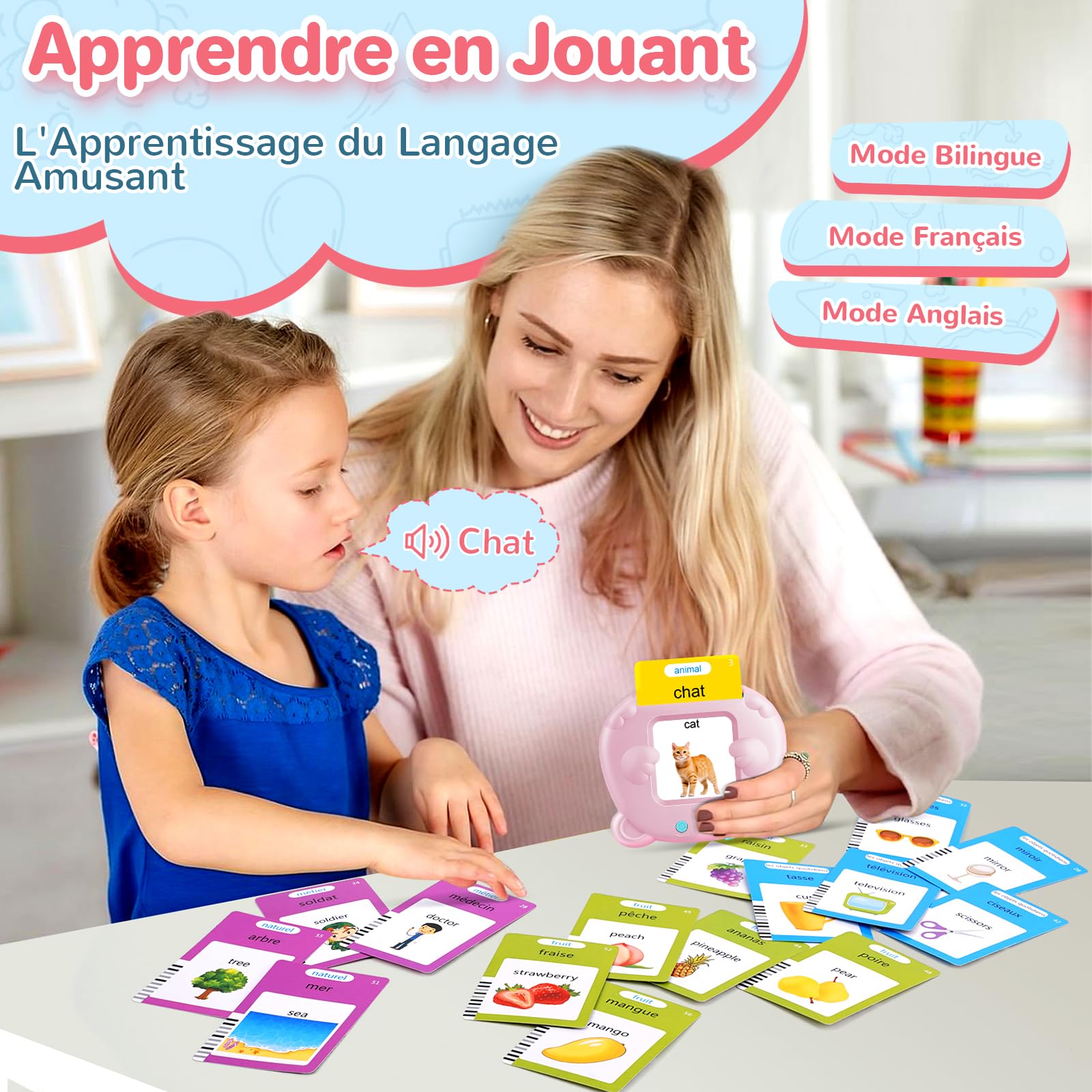 AHJ Schede Flash Cards Parlanti (Francese e Inglese), Giocattoli di Apprendimento per Bambini dai Anni, Educativi Prescolari da Ascoltare e Imparare di Base 112 Flashcard 224 Parole (Rosa)