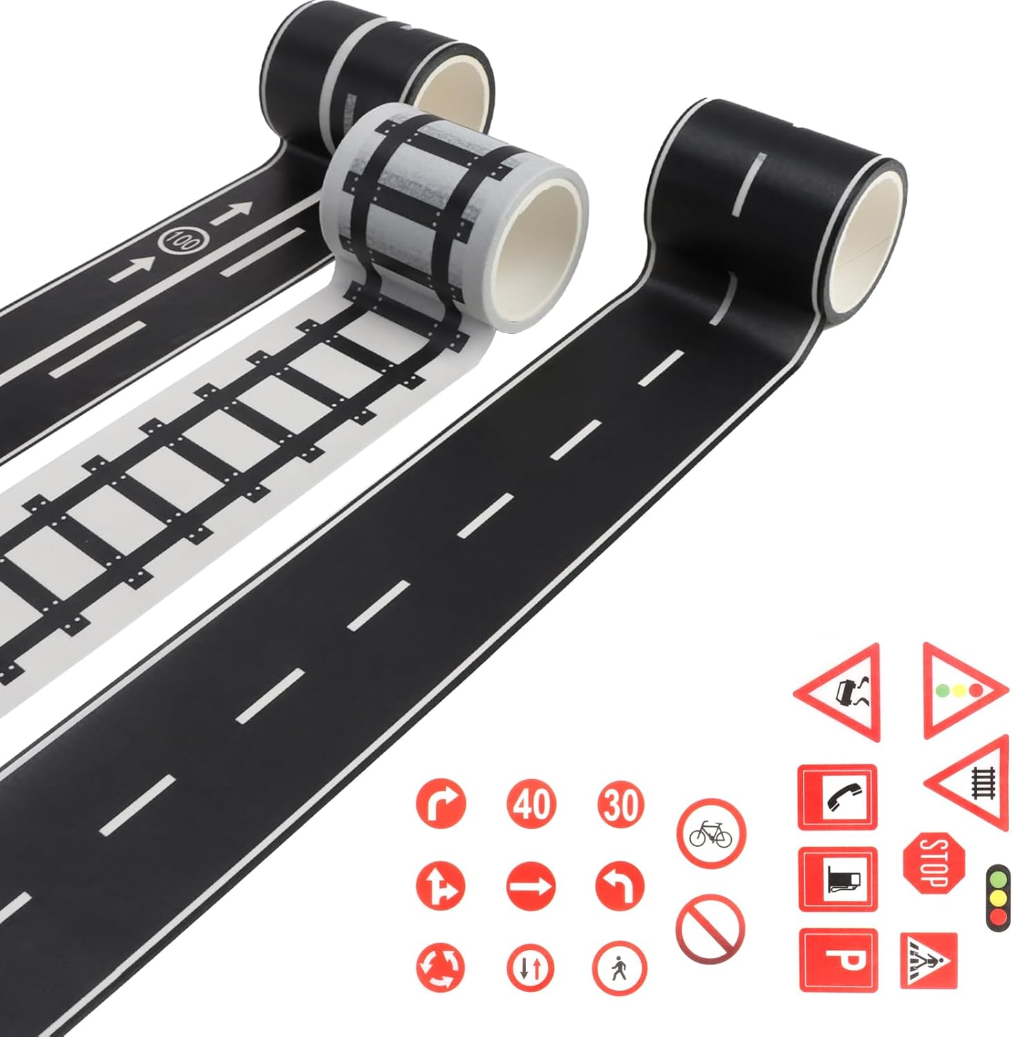 3 Rolls Road Tape, with 2 Sheets Road Sign, Removable Train Track Tape, Road Tape For Toy Cars