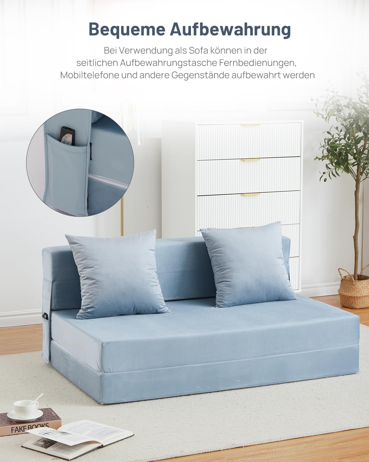 HAUSPROFI Schlafsofa mit Bezug aus Samtstoff & 2 Kissen, Bezug Abnehmbar, Waschbar, Klappmatratze mit Hochelastischer PU-Schwamm, Liegefläche 140CM x200CM (Blau)