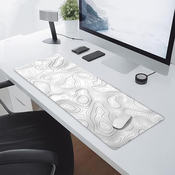 Kawani Topographic Contour White Gaming Mouse Pad XL Geographic Map Lines Extended Large Desk Mat Big Mousepad Non-Slip Rubber Base Stitched Edge Long Playmat for Desktop Office PC,31.5x11.8 in