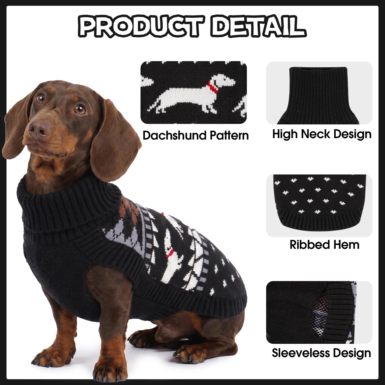 Pull à col roulé pour chien mignon avec motif teckel - Pull en polaire douce à col roulé pour petits chiens - Cadeau d'automne et d'hiver - Noir - Taille XL