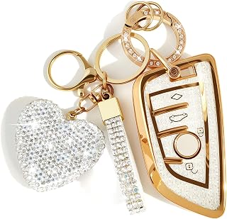 Key Fob Cover with Diamond Bling Keychain, Compatible with BMW 2 5 6 7 Series X1 X2 X3 X5 X6 GT Series, TPU Smart Key Case and Rhinestone Heart for Women (4 Buttons, White)