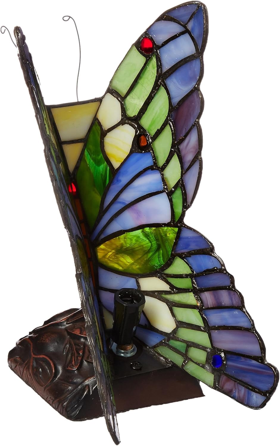 Pemberly Row Tiffany-Style Butterfly Accent Table Lamp, 10" Tall, Hand-Cut Stained Glass, Dark Antique Bronze Finish, 1-Light Design, Indoor Use, On-Cord Rotary Switch, Uplight Lamp for Home Decor