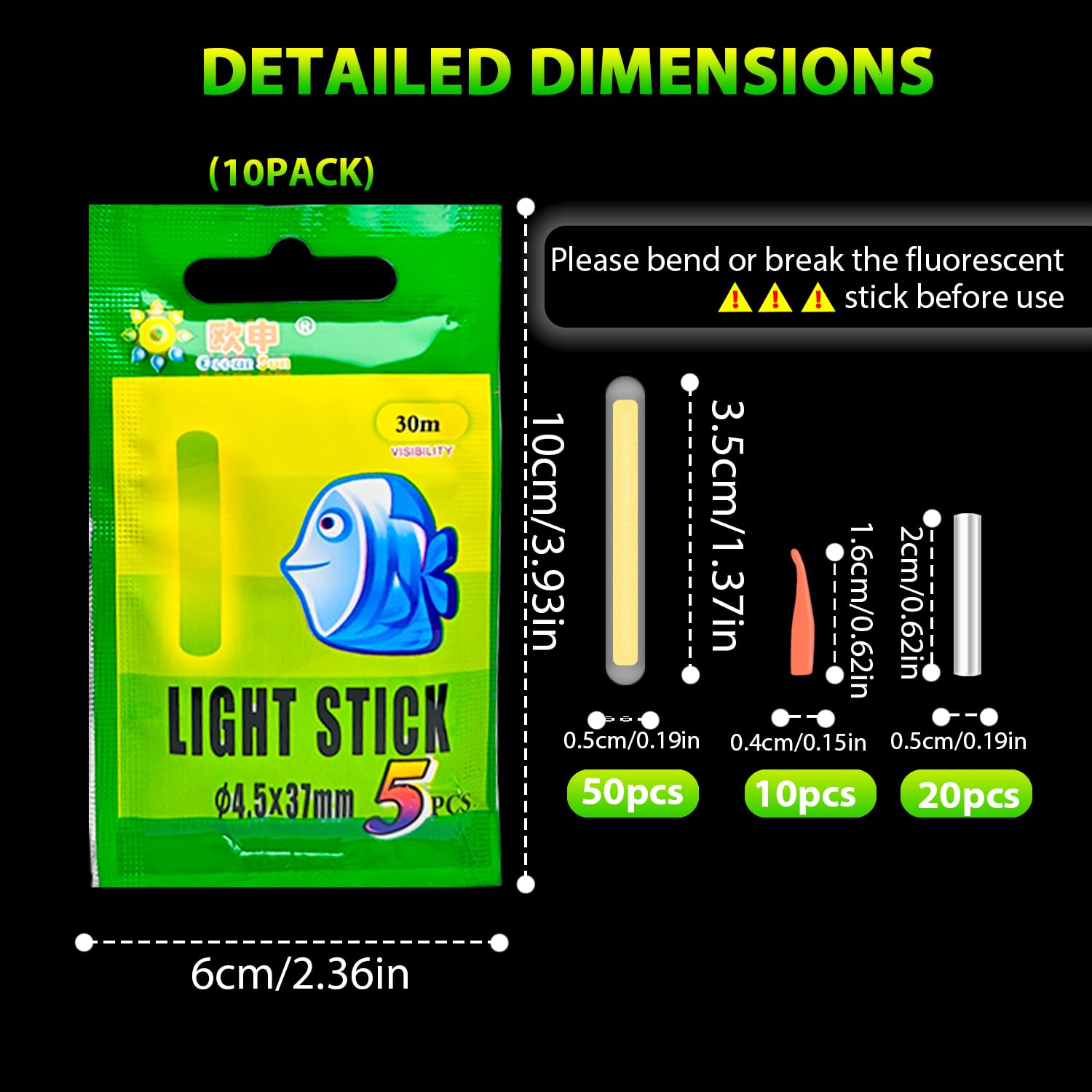 50 Piezas Glow Sticks de Pesca, Luminosos Pesca, Barra de Luz Fluorescente, 4,5 x 37 mm, Luces de Aviso en Cañas Pesca, Starlite de Pesca, Accesorios para Pesca para Pesca Nocturna