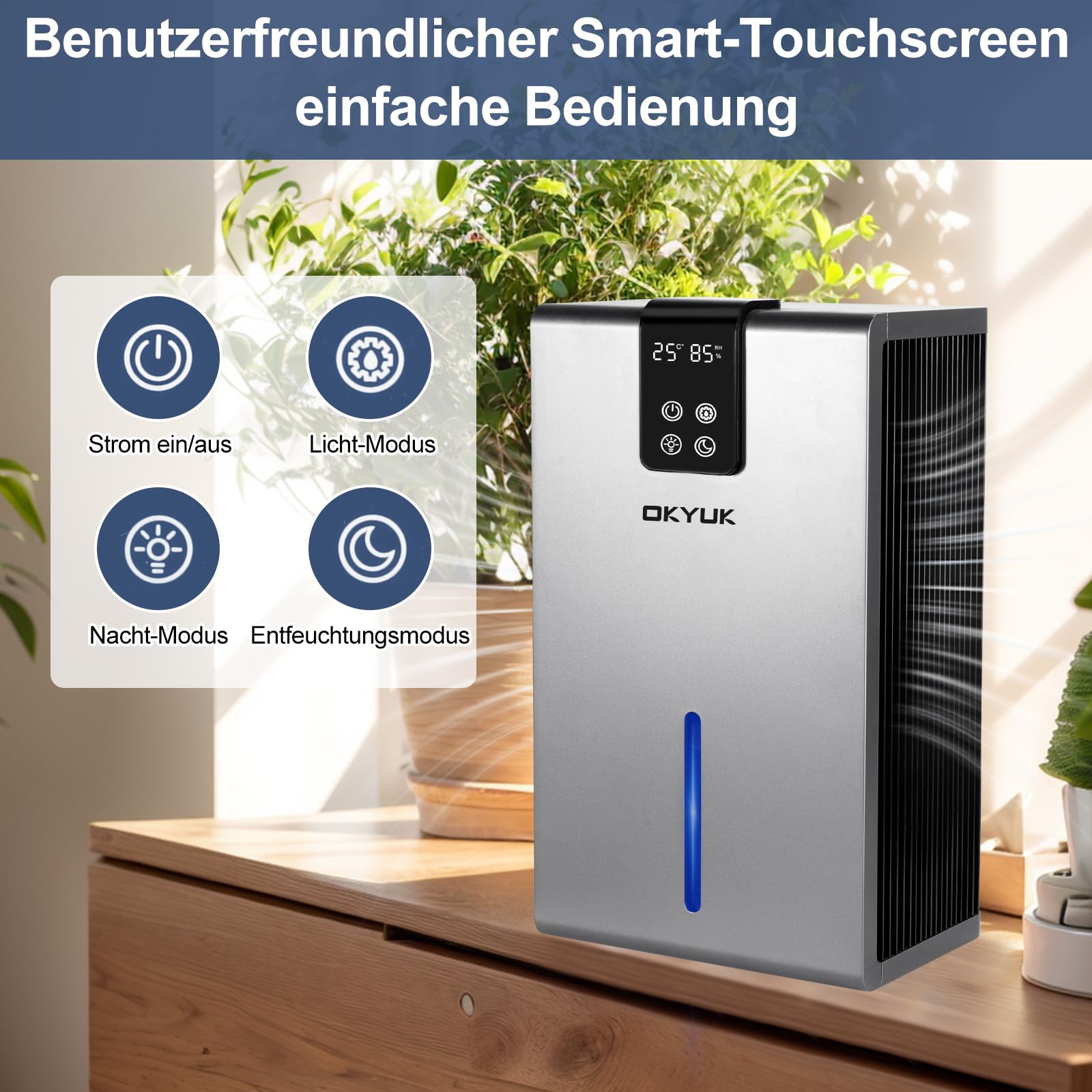 Elektryczny osuszacz powietrza 2700 ml, osuszacz powietrza do domu z automatycznym wyłączaniem, 7-kolorowe światło LED, idealny do kampera, łazienki, sypialni, piwnicy (kolor szary)