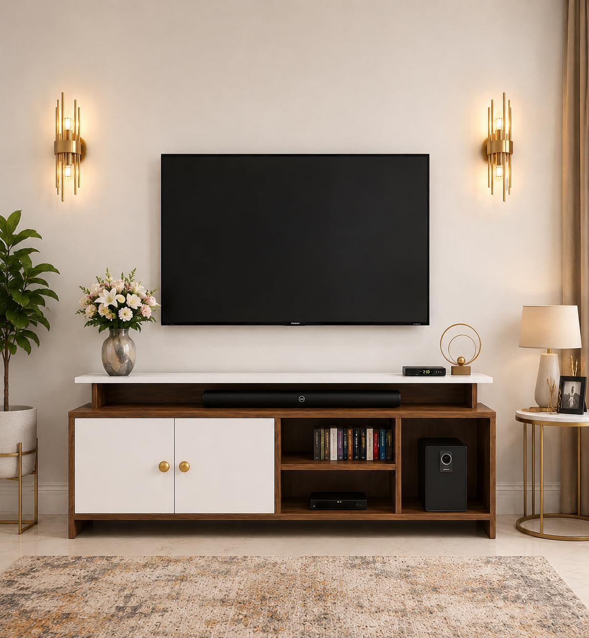 Spyder Craft Matte Finish Engineered Wood Rhodium TV Entertainment Unit TV Stand Setup Box with Wall Mounted Cabinet for Books Storage Unit-Noce Lyon & White-image-18