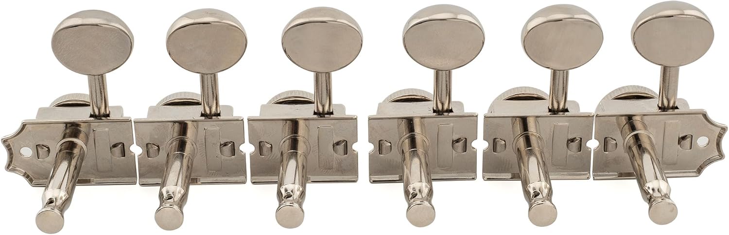 Musiclily Pro R18T 6-in-line 18:1 Ratio Semi Closed Vintage Hybrid Style Locking Machine Heads Tuners with Vintage Oval Button for Fender Squier Strat Tele Style Electric Guitar, Nickel