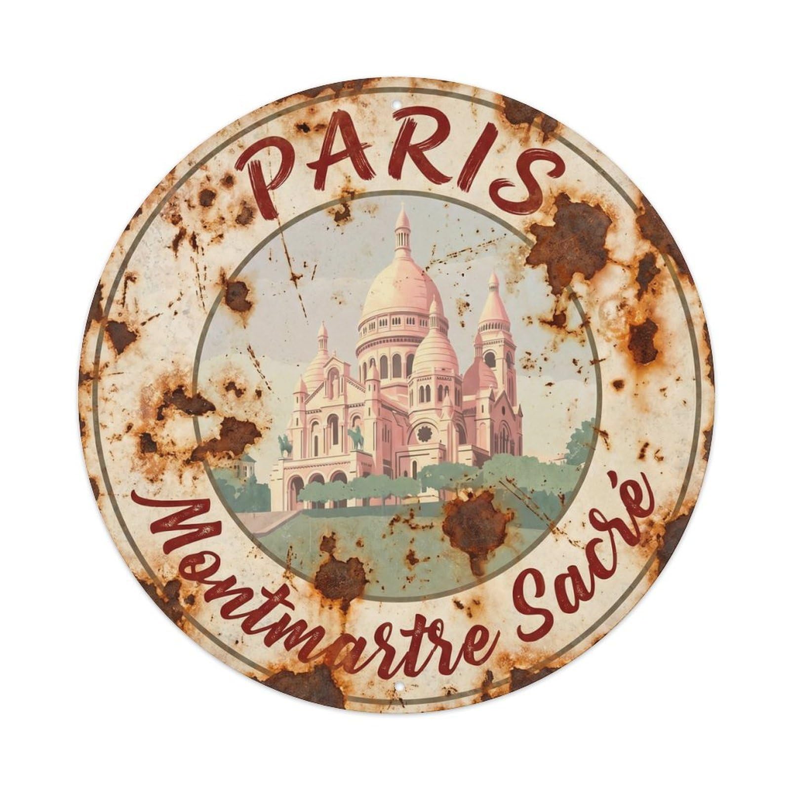 Vintage Travel Parisian Sacre Coeur Metal Tin Sign Plaque Wall Decor for Cafe, Club, Garden Round Metal Poster 8x8Inch