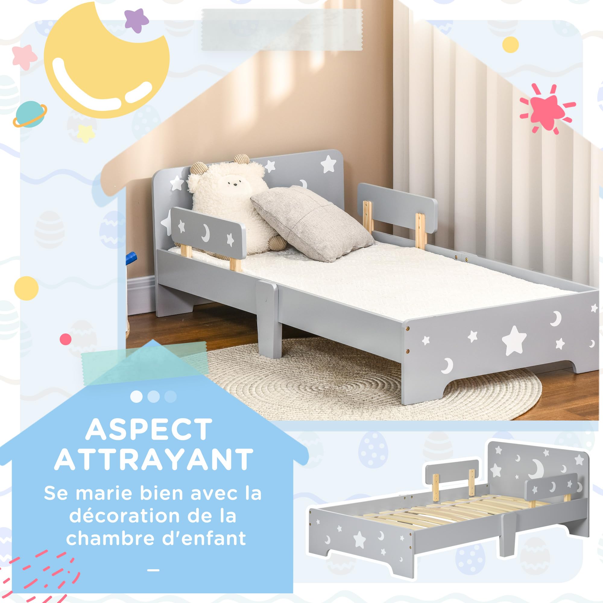ZONEKIZ Lit pour Enfants 3 à 6 Ans Design Étoiles et Lune 143 x 76 cm Gris