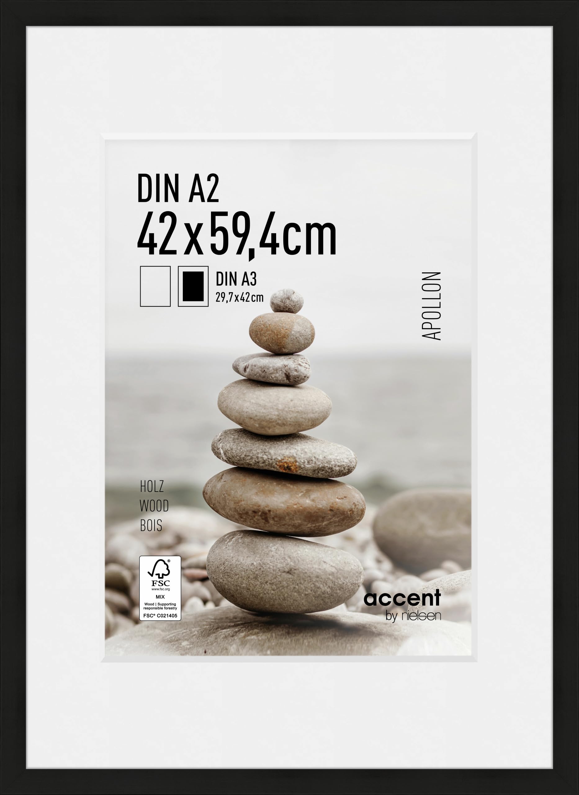 accent by nielsen Apollon Wooden Picture Frame - Black A2 (42x59.4cm) with White Mount for A3 Picture - Float Glass and Easy Push and Turn Clips