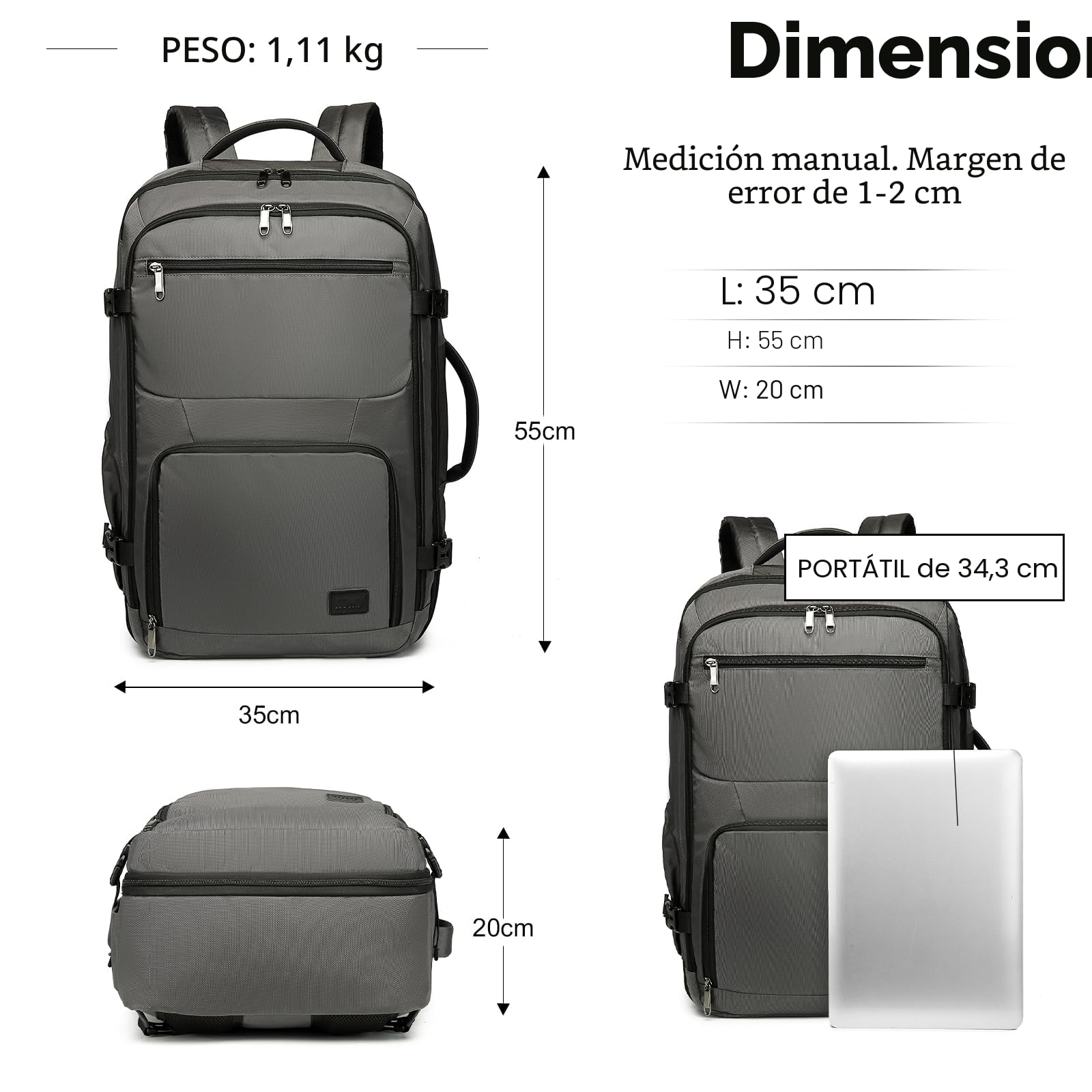 Kono Mochila Viaje Cabina Avion 55x35x20, Maleta Cabina, Mochila de Viaje con Correa Ajustable, Equipaje de Mano 38L para Hombres y Mujeres (Gris)