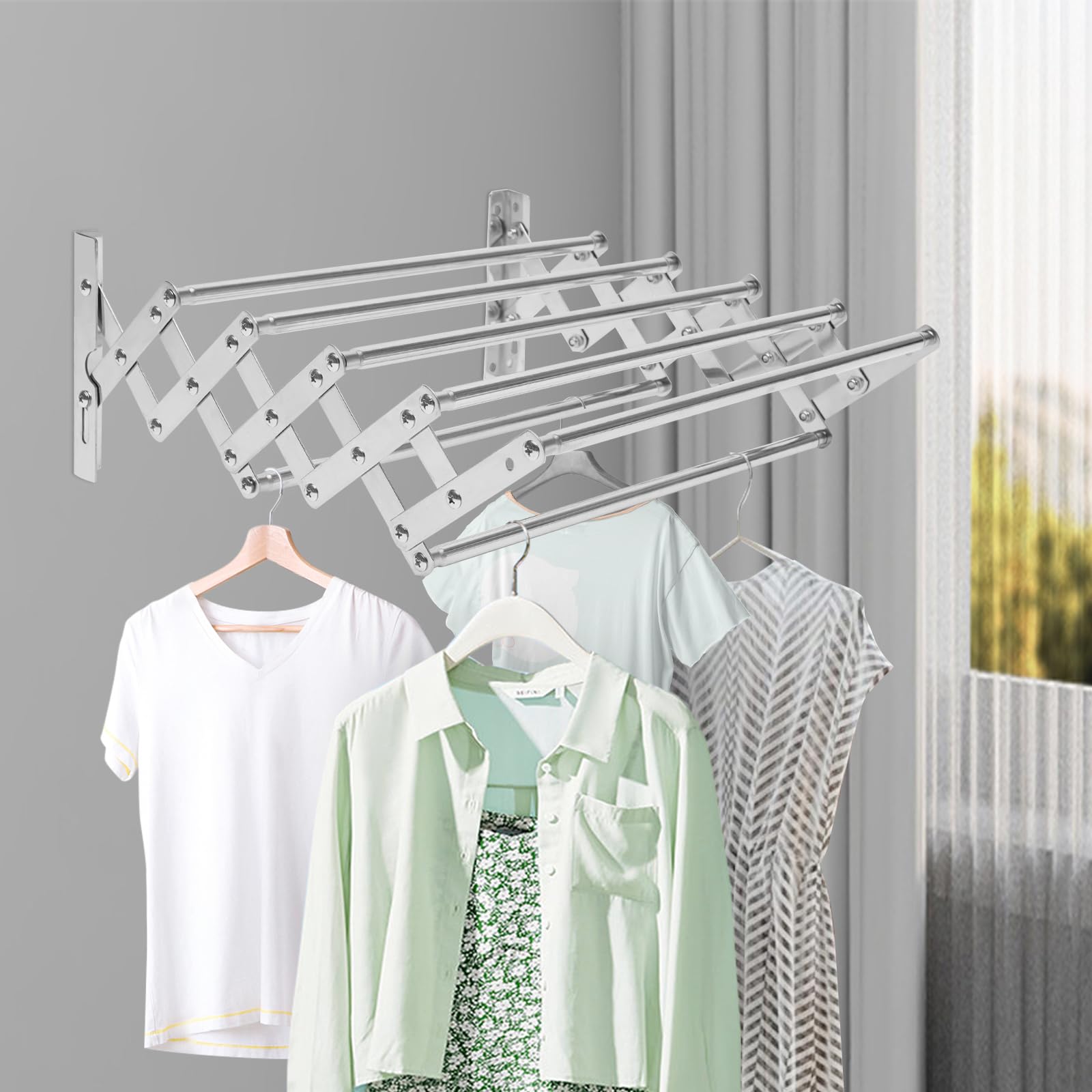 Séchoir à linge mural extensible 42 à 80 cm en acier inoxydable avec 7 barres, pour buanderie, salle de bain