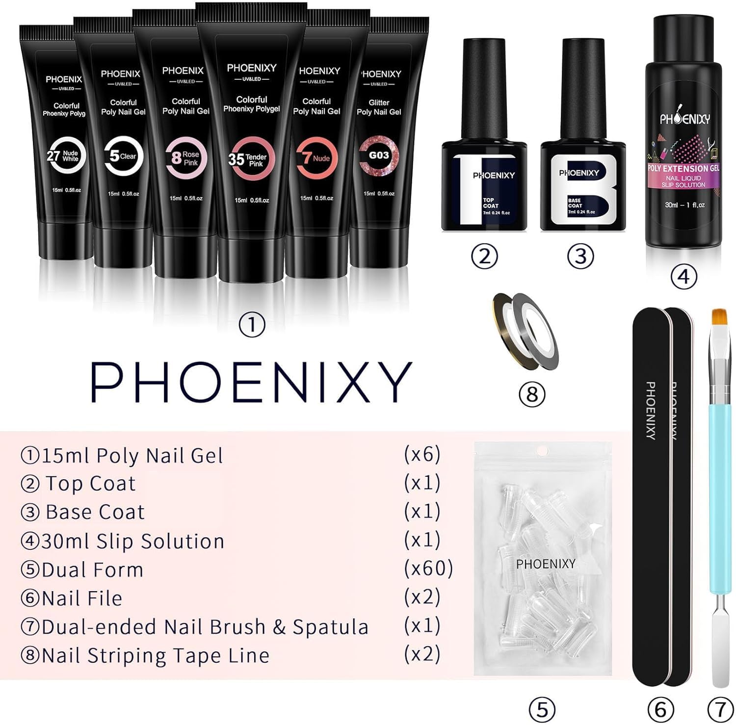 Phoenixy Kit Ricostruzione Unghie 6 Colori Gel Ricostruzione Unghie con Base e Top Coat Soluzione Slip Acrigel per Unghie Set Unghie Gel Ricostruzione Bianco Rosa 15ML