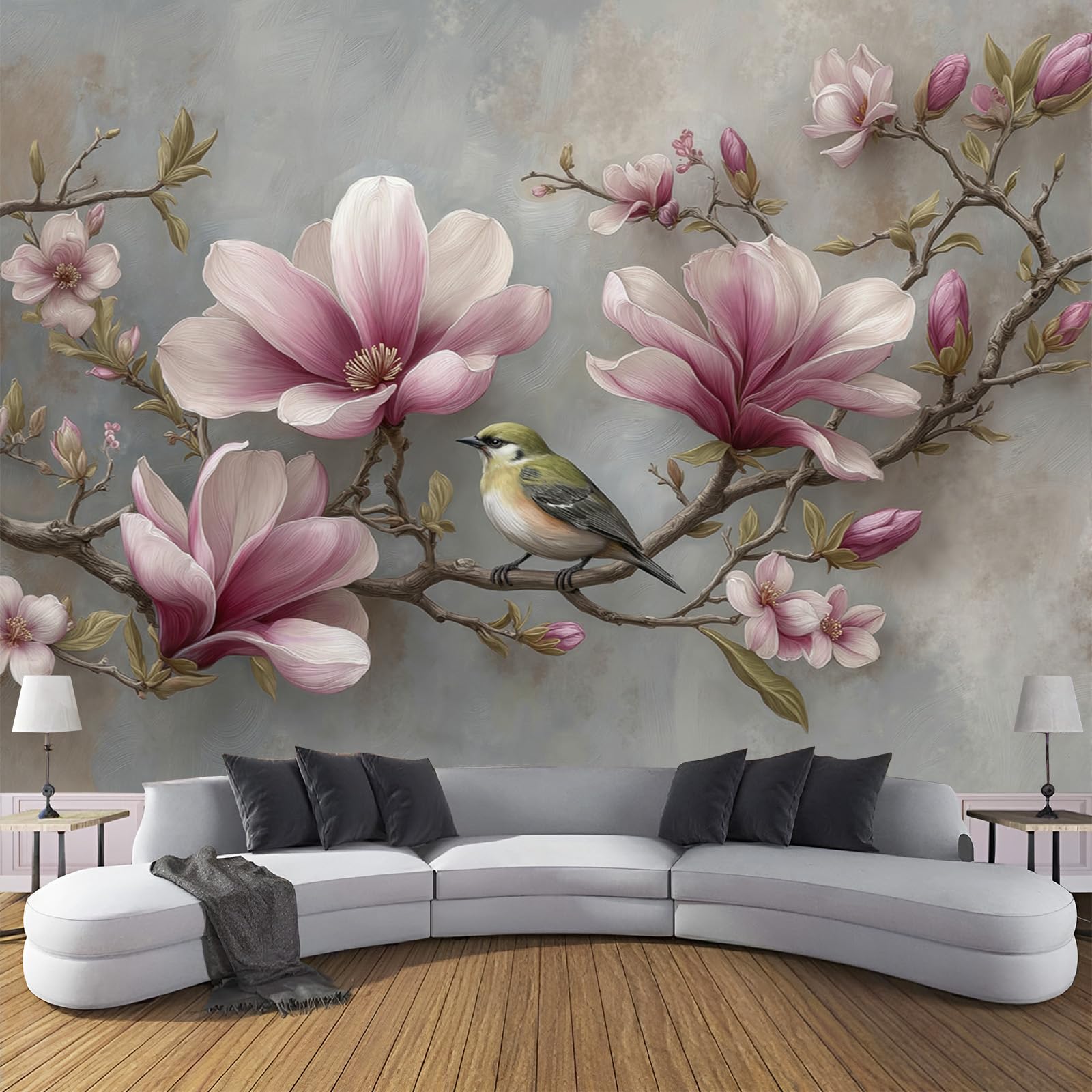 Art Papel Tapiz Fotográfico Flores Magnolia Rosa 3D Papel Pintado 300 × 210 cm Decoración De Pared Sala Cuarto Póster Mural Para Sala De Estar Dormitorio Decoración, Rubor En Polvo