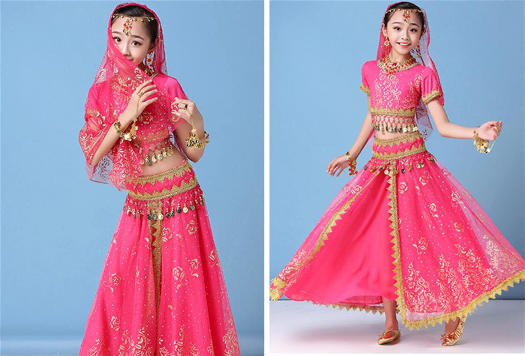 Strój do Tańca Brzucha Dla Dziewcząt Bollywood Indyjski Strój Dziewczęcy Przebranie Na Imprezę Karnawał Strój Dla Dziewcząt Strój Księżniczki Strój do Tańca (Zestaw 5 Części) Występ I Praktyk