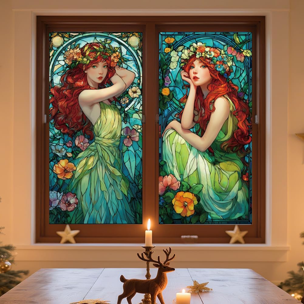 ANATTASOUL Window Stickers Double-Sided Girls and Flowers Window Decoration Reusable Window Sticker Opaque Window Sticker Decoration Spring Summer for Living Room Bathroom