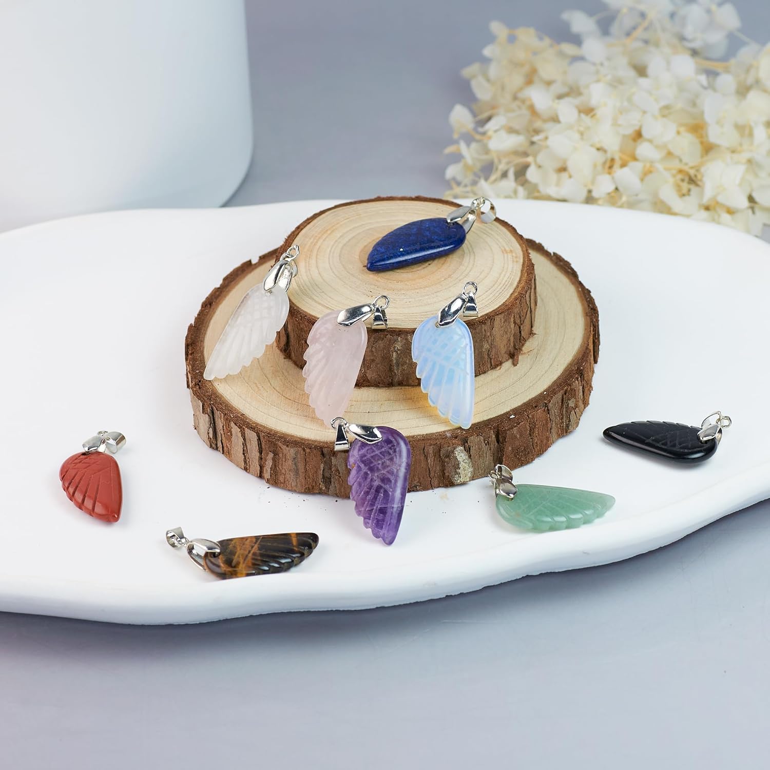 9 Pieces Natural Stone Angel Wing Pendant, Healing Crystal Charms for DIY Jewelry Making Necklaces, Bracelets, Earrings - Image 3