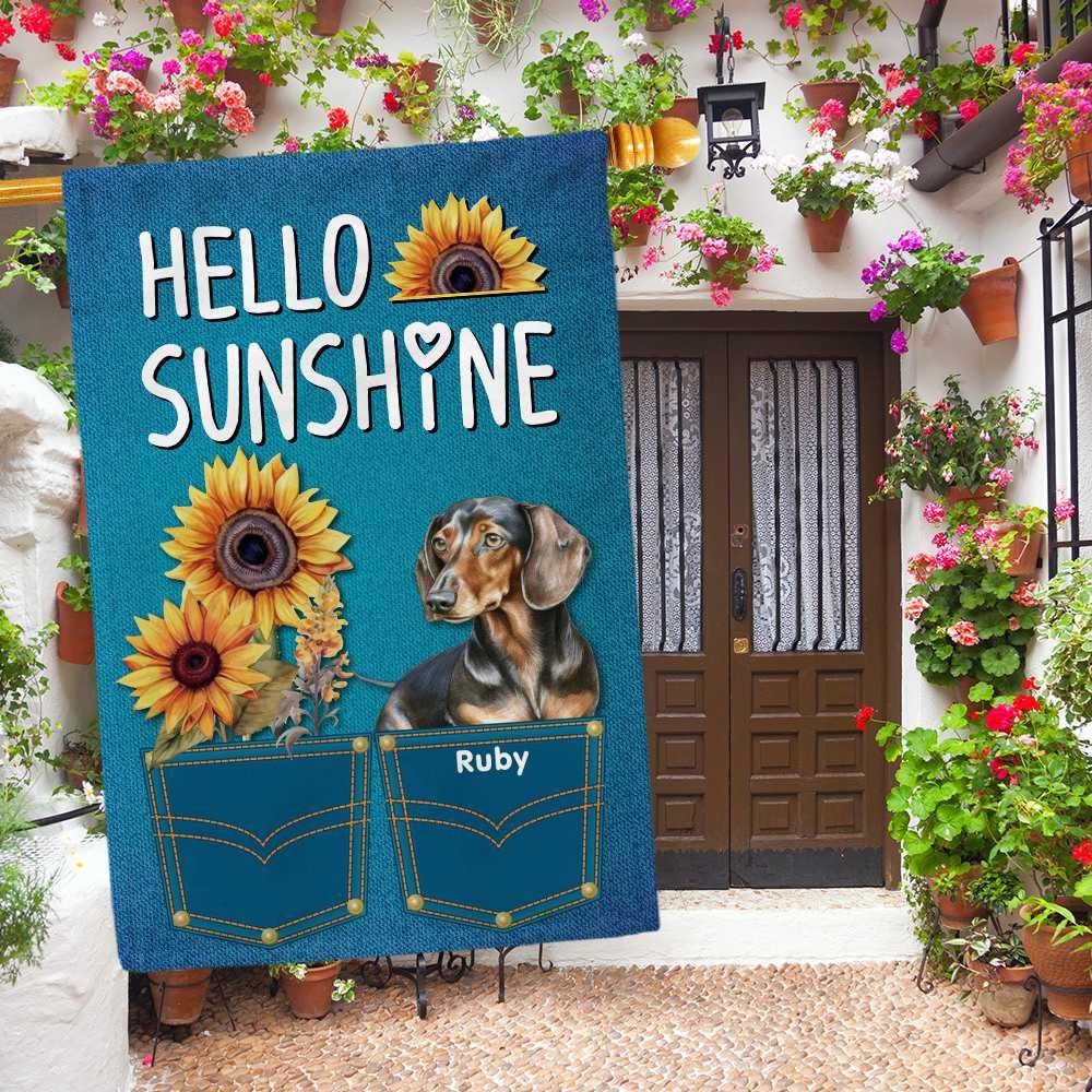 Ganshan Bi Bonjour Sunshine Tournesols Poméranie Maison Drapeau Personnalisé Aquarelle Chien Printemps Été Jeans Imprimé Bannière Drapeau Pour Jardin Extérieur 78X10 Pouces Double Face