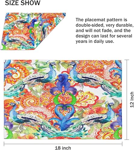 Miniatura 4 de Juego de 4 manteles individuales decorativos adorables de pavo real, lavables, impermeables, para fiestas, hogar, comedor, decoración de mesa de 18