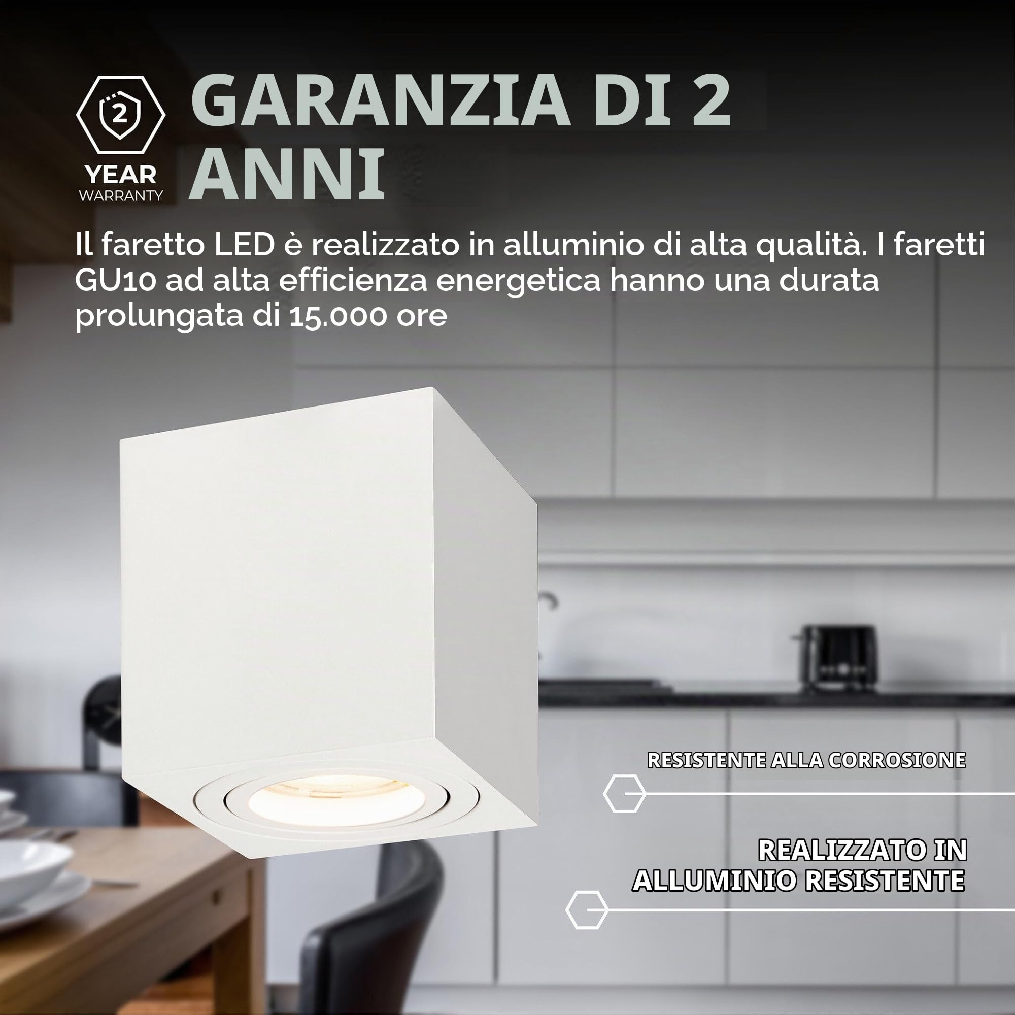Ledvion 4 pezzi faretto LED da superficie bianco quadrato 3W bianco caldo