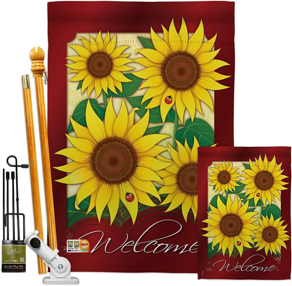 Welcome Sunflowers House Flag Garden Floral Sunflower Tulip Rose Orchid Lilies Season Springtime Flower Wreath Small Decorative Gift Yard Banner Made In USA 28 X 40