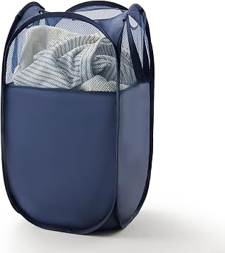 TECHMILLY Pop Up Foldable Laundry Basket, Mesh Laundry Hamper with Reinforced Handles for Dirty Clothes Storage in Dorm, Laundry Room, Bathroom, BlueFabric