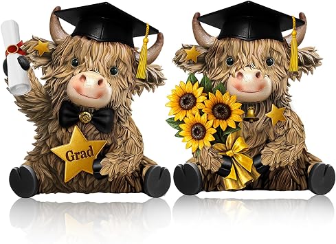 2 Pack Highland Cow Graduation Decorations 2026 Highland Cow Resin Figurine Class of 2026 Congrats Grad Graduation Party Statue Gifts Decorations Gnomes Garden Table Centerpieces Home Decor