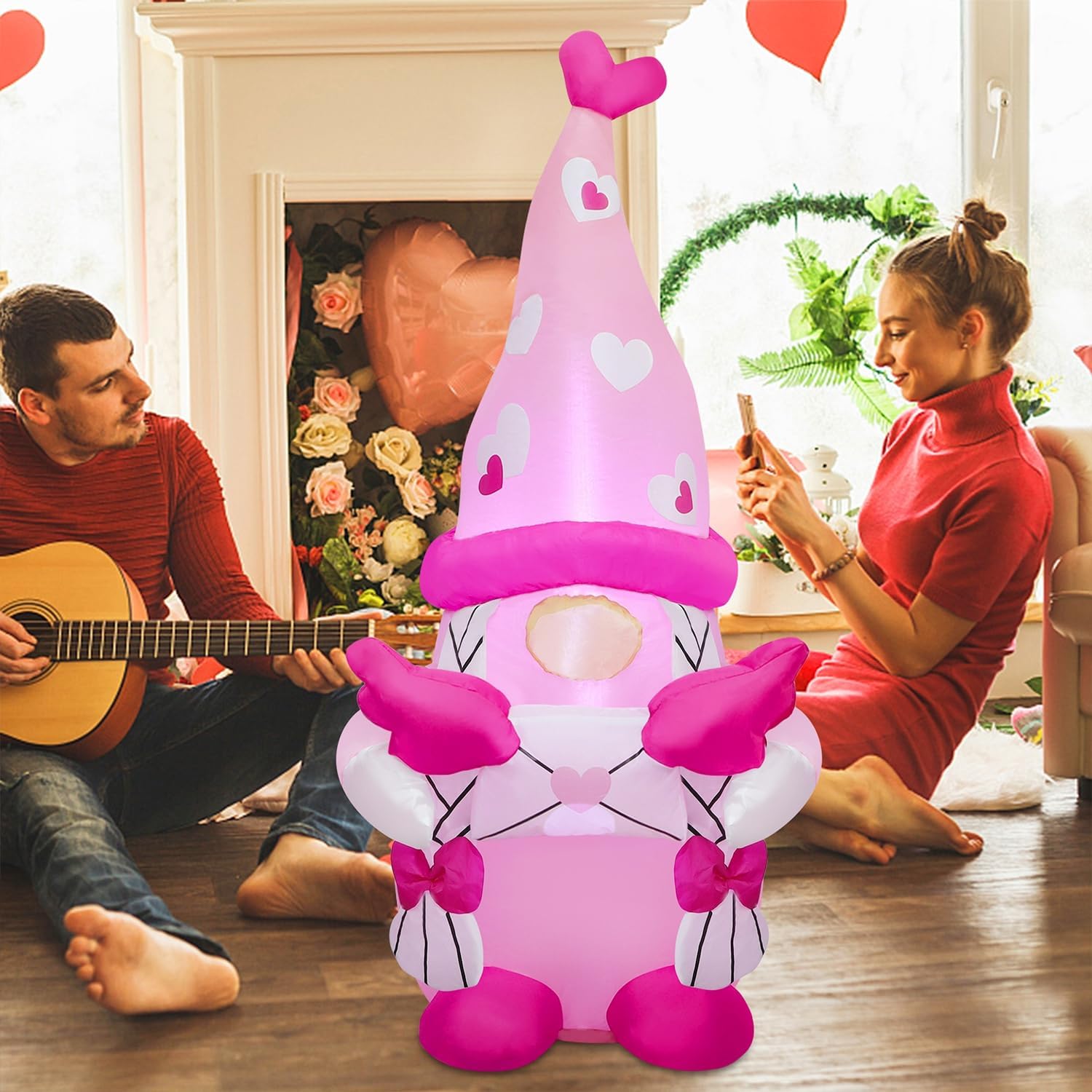 Juegoal Valentine Inflatable Pink Gnome, 4 FT Lighted Blow Up Girl Swedish Gnomes, Indoor Outdoor Valentines Wedding Xmas Decor, Built in LED Light Up Holiday Lawn Yard Garden Decorations