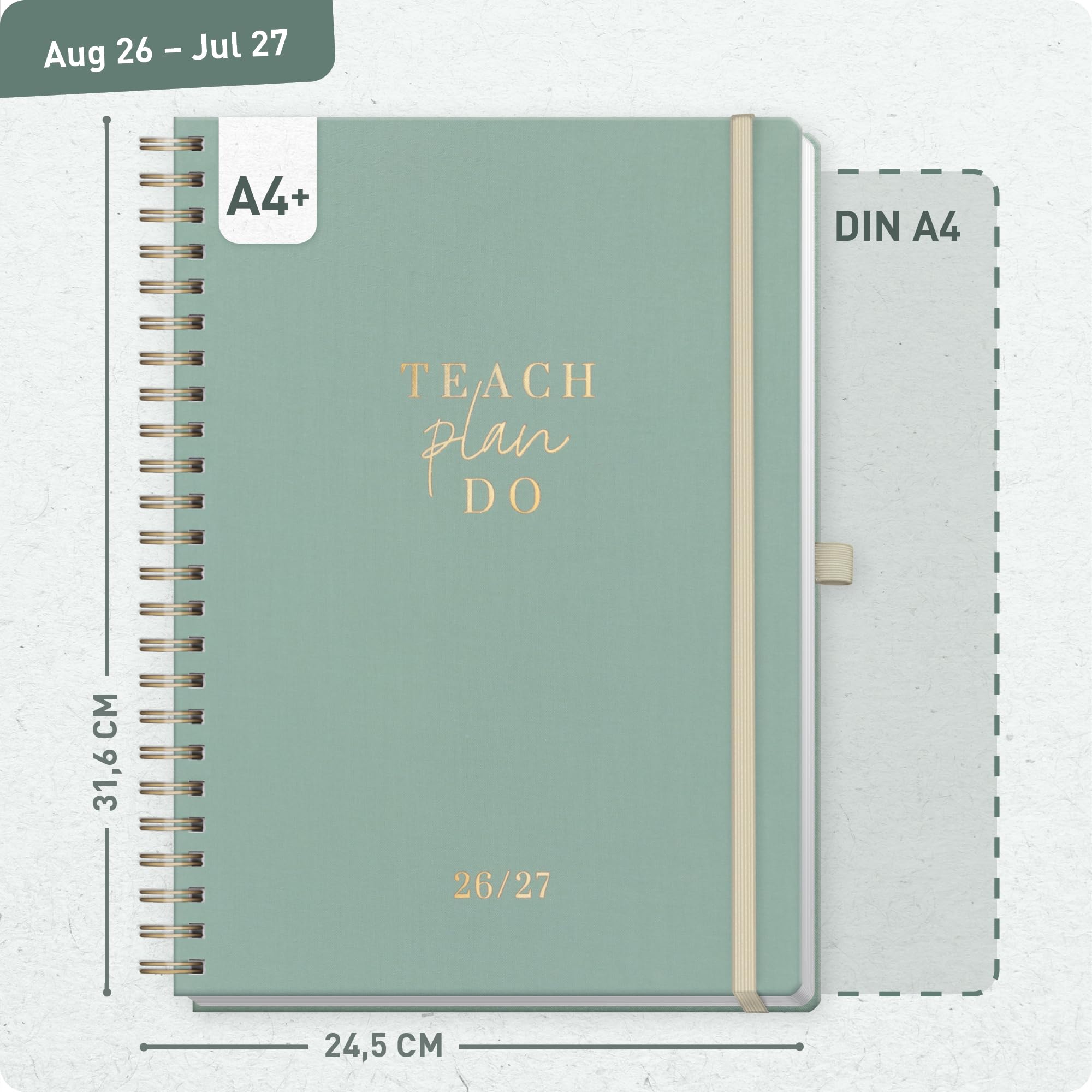 Häfft® Lehrerplaner 2026/2027 A4+ Deluxe – Großer Lehrerkalender & Schulplaner 26/27 mit Leinen-Einband & Spiralbindung "Green Canvas" – Für Grundschule, weiterführende Schulen & Referendariat