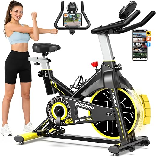 pooboo Magnetic Resistance Indoor Cycling Bike, Belt Drive Indoor Exercise Bike Stationary LCD Monitor with Ipad Mount ＆Comfortable Seat Cushion for Home Cardio Workout Cycle Bike Training Upgraded Version