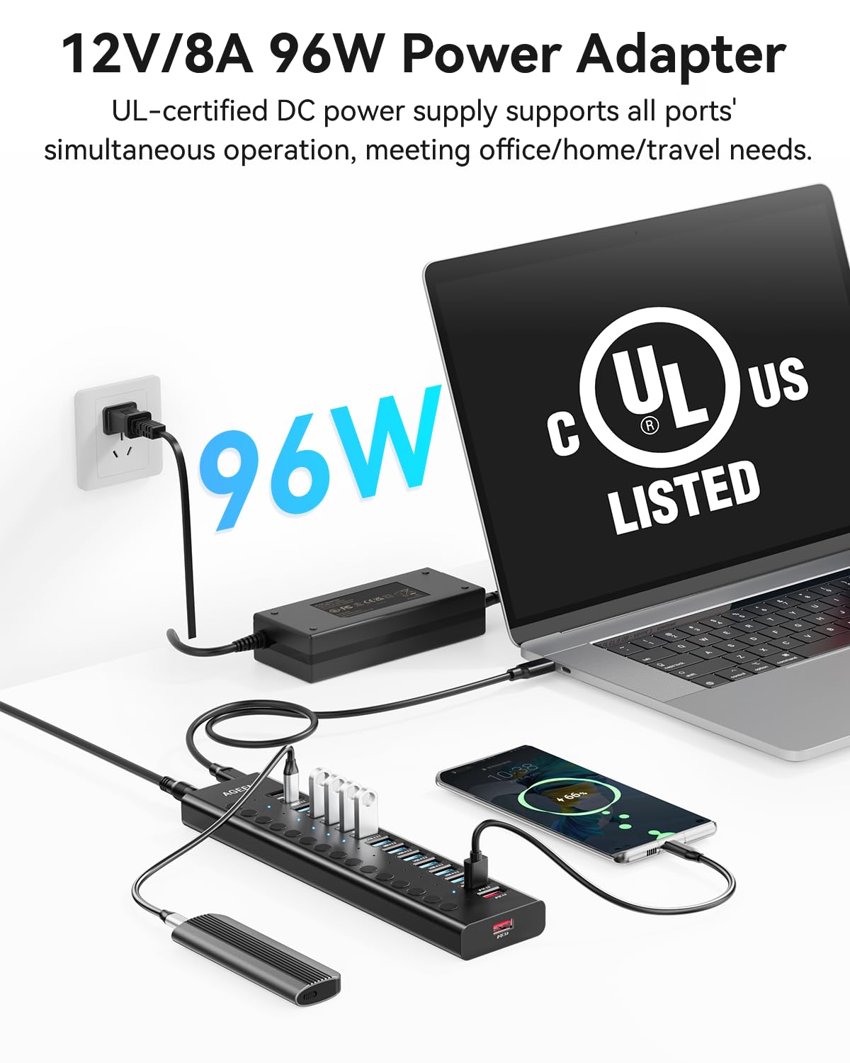 AGEEN Hub USB alimentato a 16 porte - Splitter dati SuperSpeed da 10 Gbps con 2 porte USB-C e 11 porte USB-A, 3 porte di ricarica rapida QC 3.0 da 24 W, singoli interruttori on/off, adattatore di